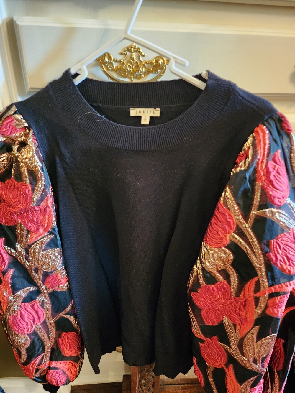 Black Sweater with Embroidered Pink Floral Sleeves